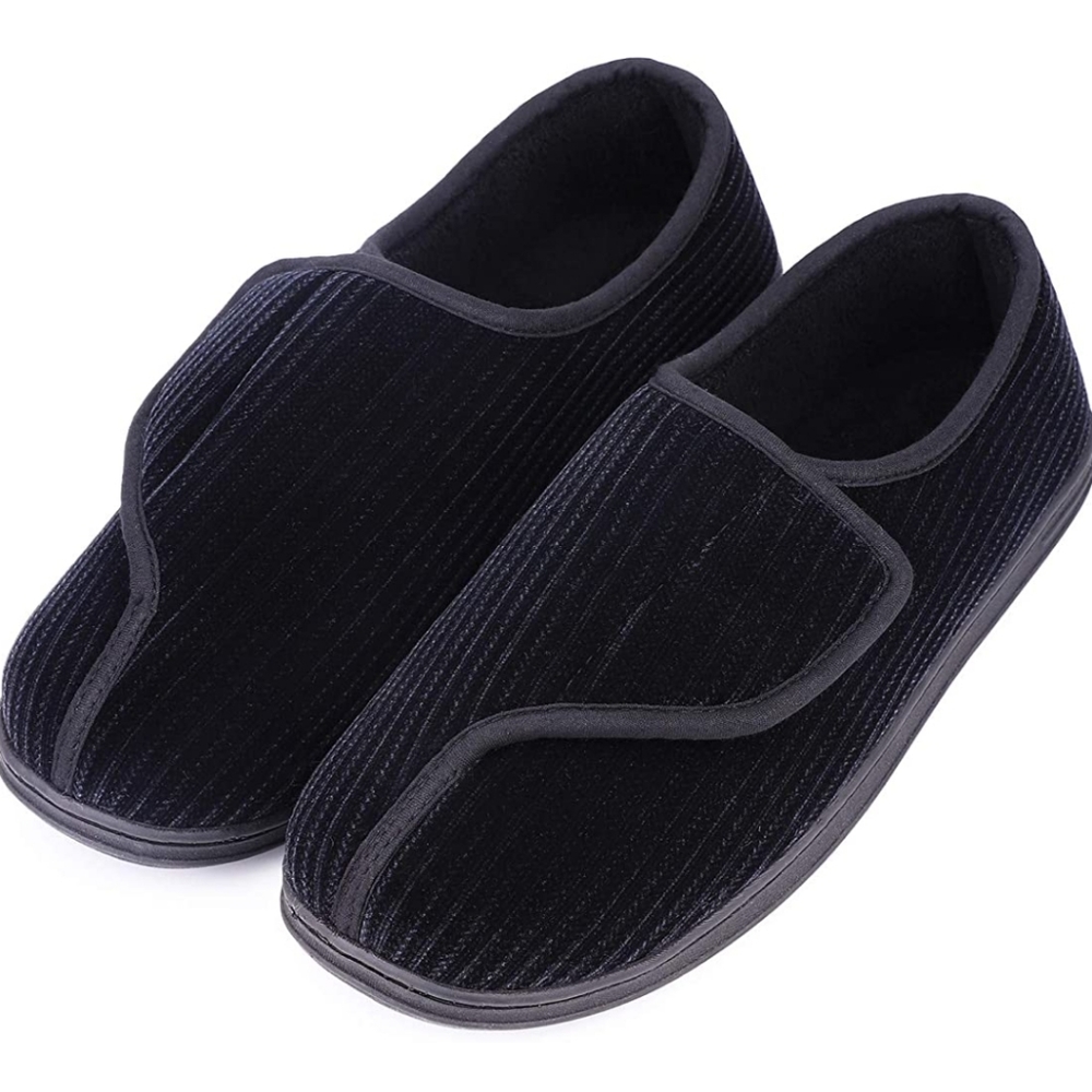 LongBay Memory Foam Diabetic Black Slippers Comfy Warm Plush Fleece House Shoes